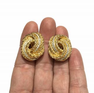 Vtg Signed Christian Dior Gold Tone Rope Texture Rhinestone Clip Earrings