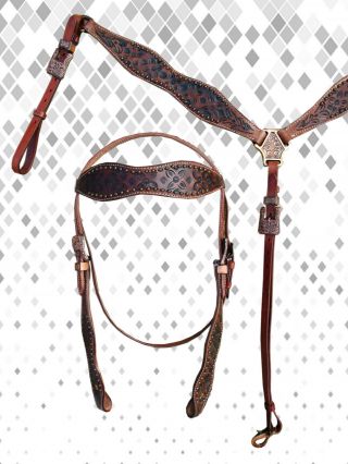 Western Headstall Breast Collar Set Antique Finish Horse Show Barrel Tack