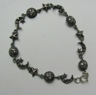 Vintage Sterling Silver 925 Clasp Sun Moon Stars Faces Bracelet 6 Grams