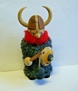 Vtg Viking Warrior Flail Figuriine 6.  5 " Handmade Wool And Painted Wood Sweden