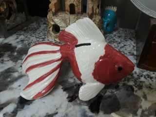 Vintage Old Aquarium Themed Ceramic Red And White Goldfish Coin Savings Bank