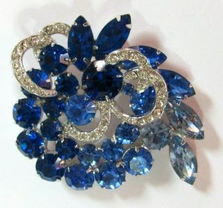 Vintage Signed Weiss Shades Of Blue Rhinestone Brooch Pin Silver Tone Ribbon