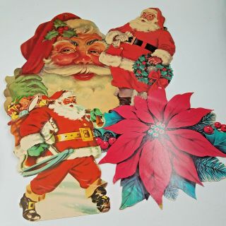 Christmas Vintage Large Cut Out Santa Claus Poinsettia Cardboard Holiday 1950 