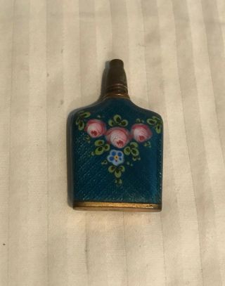 Antique Peacock Blue Glass Enamel Brass Mini Perfume Bottle