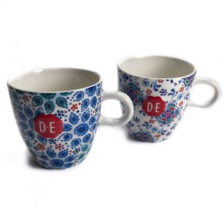 Two Jacobs Douwe Egberts Dutch Indigo Coffee Mugs Cups Dutch Dots Vintage Tiles