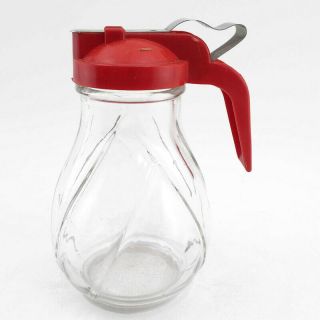 Vtg Syrup Pitcher Dispenser Glass Jar Red Handle Cap No Drip Spout Retro Mcm