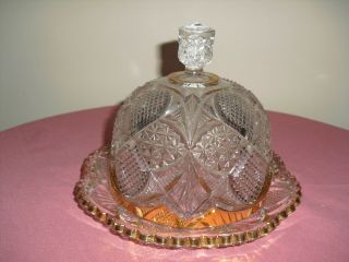 Vintage Glass Round Domed Butter Dish With Gold Trim On Clear Dom Lid