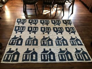 Rare Early Antique Hand Sewn Blue Calico School House Quilt Textile Aafa