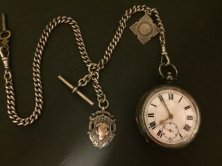 Antique Silver Pocket Watch And Double Albert Watch Chain,  Fobs & Key.