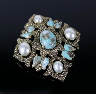 Vintage Signed Sarah Coventry Gold Tone Turquoise Pearl Ornate Brooch Pin 27.  6g