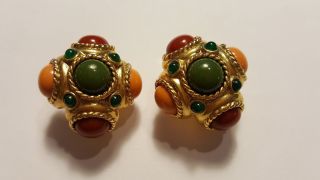 Vintage Joan Rivers Clip On Earrings Signed Multi Stone Green Coral Olive Gold