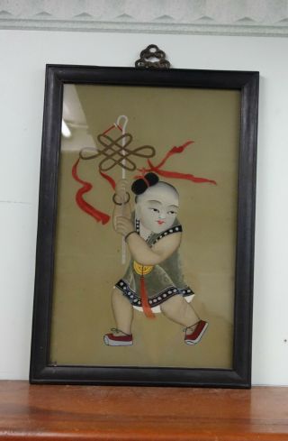 Antique Chinese Reverse Painting On Glass Child With Streamers