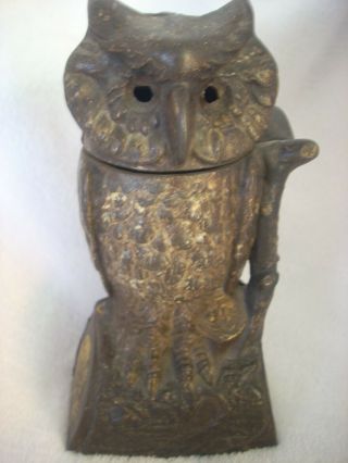 Antique Pat 1880 J.  E.  Stevens Cast Iron Mechanical Owl On Stump Bank