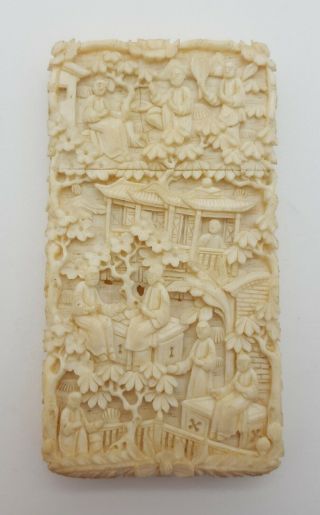 Chinese Antique Carved Canton Cantonese Calling Business Card Case
