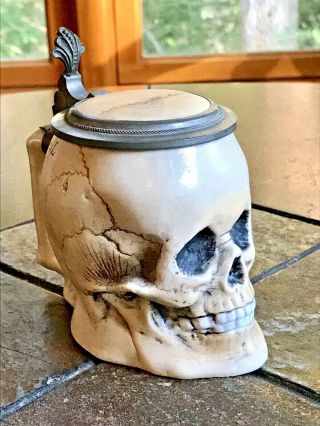 Ernst Bohne Sohne Antique Character German Skull Beer Stein Lidded Mug 0.  3 L