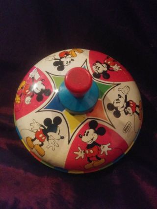Vintage Disney Mickey Mouse Metal Spinning Top With Wooden Handle By Straco