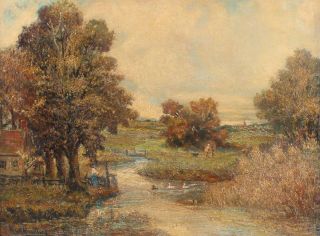 Antique FRANK NANKIVELL American Impressionist Country Landscape Oil Painting 3