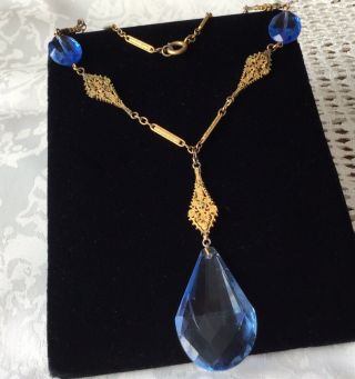 Vintage Art Dec Czech Filigree Blue Glass Centre Drop Necklace C1920/30’s