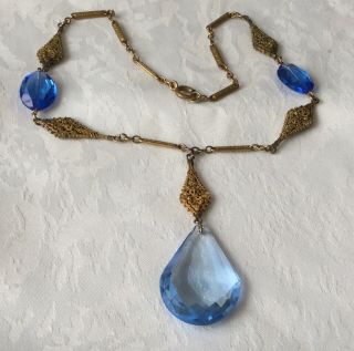 Vintage Art Dec Czech Filigree Blue Glass Centre Drop Necklace c1920/30’s 2