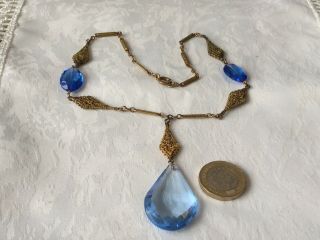 Vintage Art Dec Czech Filigree Blue Glass Centre Drop Necklace c1920/30’s 3