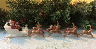 Vintage Christmas Mini Santa Sleigh 7 Reindeer 1950s Plastic Decoration