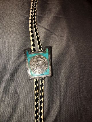 Vintage Mexican Sterling Silver Inlay Turquoise Bolo Tie