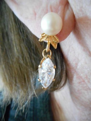 Authentic Vintage 1990s Faux Pearl Gold Tone Navette Rhinestone Pierced Earrings