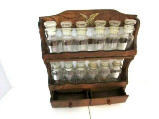 Vintage Two Tier Wood Wall Hanging Spice Rack 12 Glass Jars W/plastic Lids