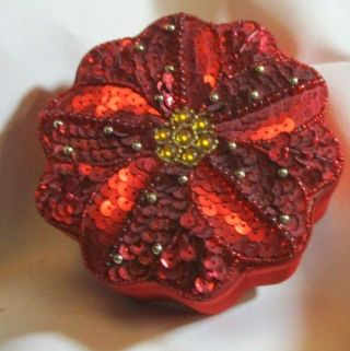 Vintage Vivid Red Sequin Gold Beaded Poinsettia Shape Top Silky Round Gift Box
