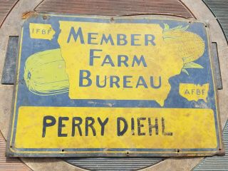 Vintage Iowa Farm Bureau Member Tin Sign Corn Feed Cow Pig Old Barn Art