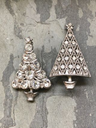 Vintage Signed Otc Two Christmas Tree Brooch Pins Rhinestone Silver Tone Holiday