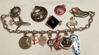 Vintage Sterling Silver Charm Bracelet W/14 Sterling Charms 43.  515 Grams