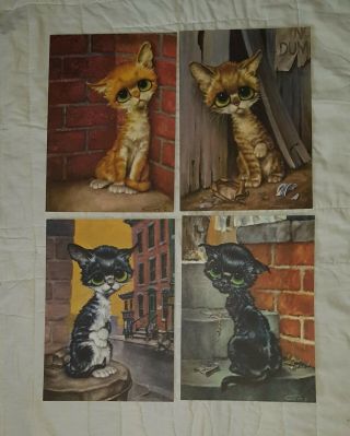 Full Set 4 Vintage Litho Gig Print Pity Kitty Big Eyes City Cat Unframed 14x10