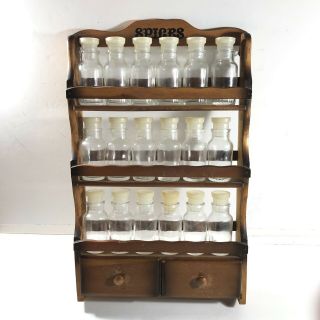 Vintage Wood Spice Rack With 18 Glass Apothecary Jars Made In Japan - Wall Mount