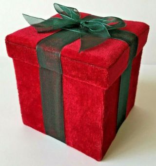 Red Velvet Christmas Gift Box With Green Bow 4 1/2 " X 4 " Vintage