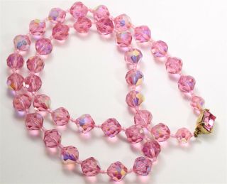 Vintage Mid Century Ornate Faceted Pink Ab Crystal Bead Collar Necklace 21 "