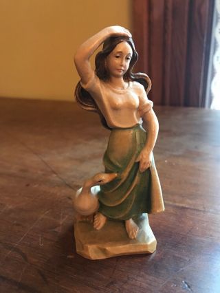 Vintage Anri Italy Girl With Goose Wood Carving Figurine 5”