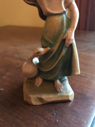 Vintage ANRI Italy Girl With Goose Wood Carving Figurine 5” 3