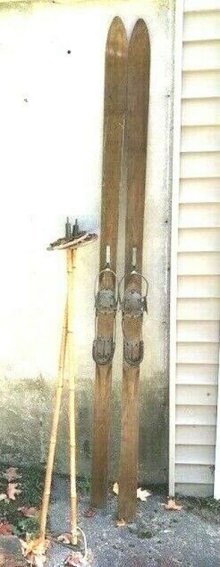 Vintage Wooden Skis W/ Poles - 83 " - Metal Cable Bindings