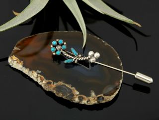 Vtg Sterling Silver Zuni Needlepoint Turquoise Flower Hat Stick Pin