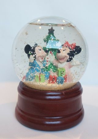 Vintage Disney Baby Mickey & Minnie Mouse Christmas Snow Globe Wooden Base