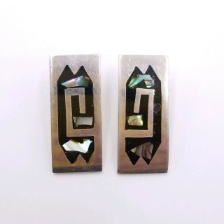Vintage Solid 925 Sterling Silver Mexico Ts - 7 Abalone Shell Inlay Panel Earrings