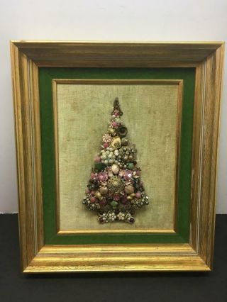 Vintage Costume Jewelry Christmas Tree Art Framed Pinks Cameo Rhinestones 1970 