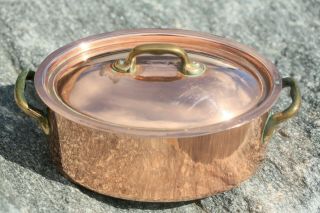 Antique Vintage Copper Cocotte Casserole Marked Tin Lined 2mm 9.  4 " 2kg/4.  4lbs
