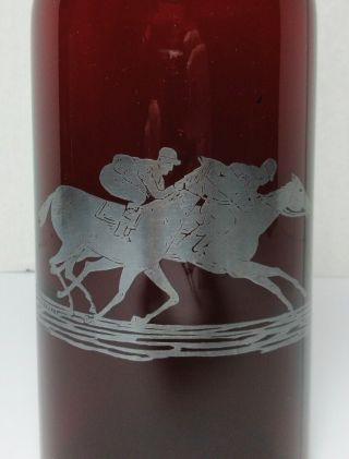 Antique Rare BACK BAR RED GLASS STERLING SILVER Overlay HORSE RACING BOTTLE 2