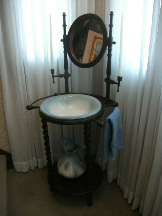 Vintage/antique Vanity Wash Bowl Stand Basin Pitcher Mirror Towel Bar