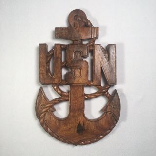 Vintage Us Navy Wood Hand Carved Wall Hanging 17 " X10 " X1 " Thick Usn Collectible