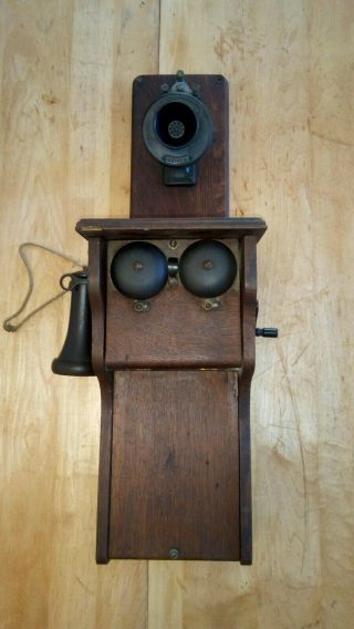 Vintage Antique Hand Crank Wall Phone Oak Wesco