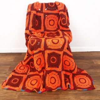 Vtg Handmade Crocheted Granny Square Afghan Blanket Throw Brown Orange 62” X 53”