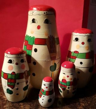 Handpainted Snowman Babushka Dolls Christmas Vtg Set Of 5 Doll